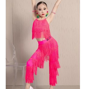 Girls kids black wine blue pink yellow tassels latin dance dresses layers fringe latin ballroom dance wear tops and pants for kids